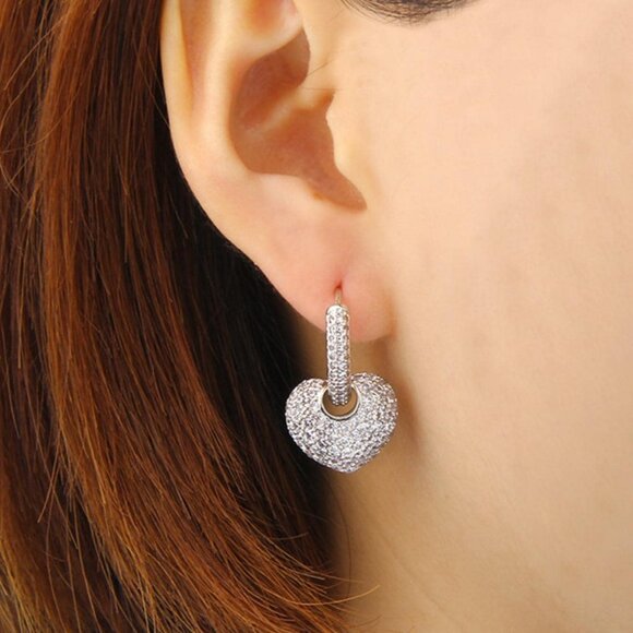 Silver elegant Women's Rhinestone Heart Drop Earrings Valentines - Picture 2 of 5